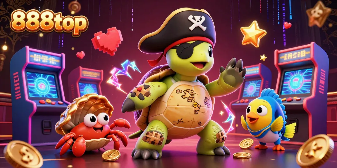 Engage with 888top's vibrant casino world featuring a treasure map turtle, crab, and parrotfish amidst arcade games.