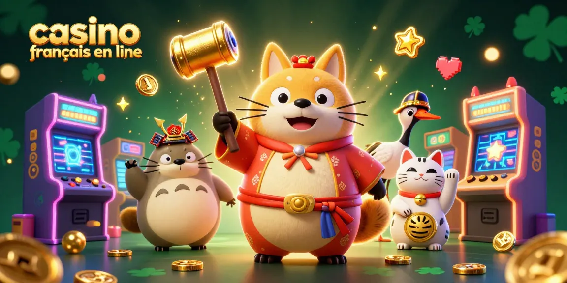 Jouez dans un casino français en ligne avec des personnages de festival japonais entourés de machines à sous colorées.