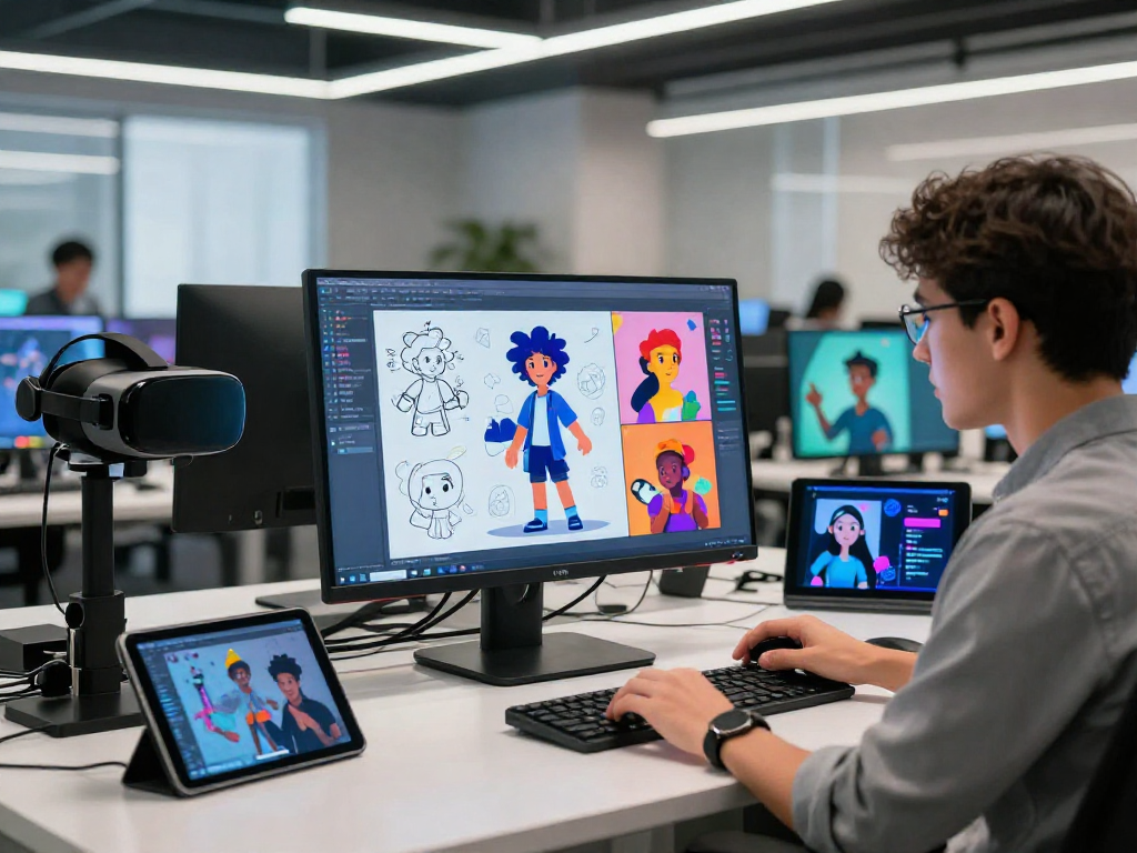 Interactive character AI nsfw showcased on a sleek touch monitor in a modern workspace