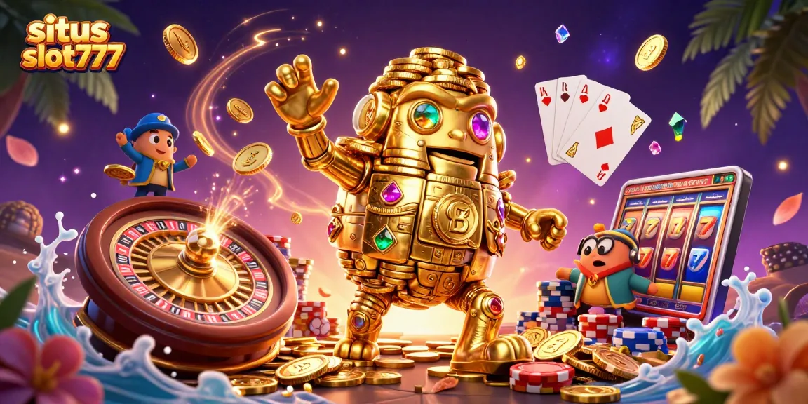 Situs slot777 showcases a vibrant 3D illustration of a golden golem surrounded by casino elements such as coins and cards.