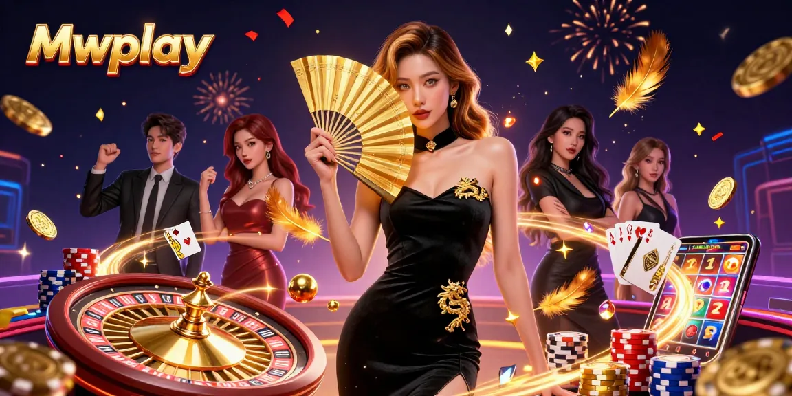 Mwplay offers thrilling gaming experiences, showcasing a captivating woman in a casino scene filled with gold coins, roulette, and poker.
