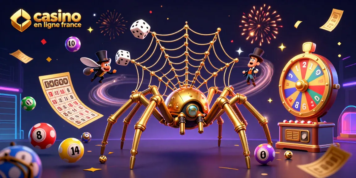 Illustration dynamique représentant une araignée steampunk dorée pour le casino en ligne France, attrapant des dés malheureux.