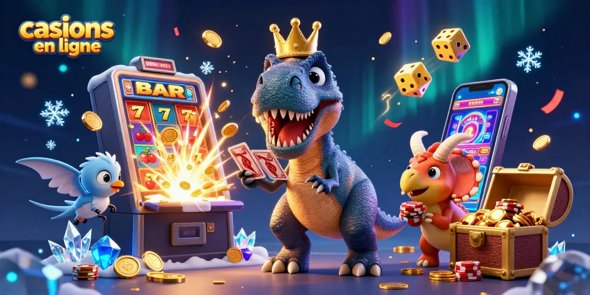 Jouez dans les casinos en ligne avec des personnages de dinosaures animés autour de machines à sous et de jetons d'or.