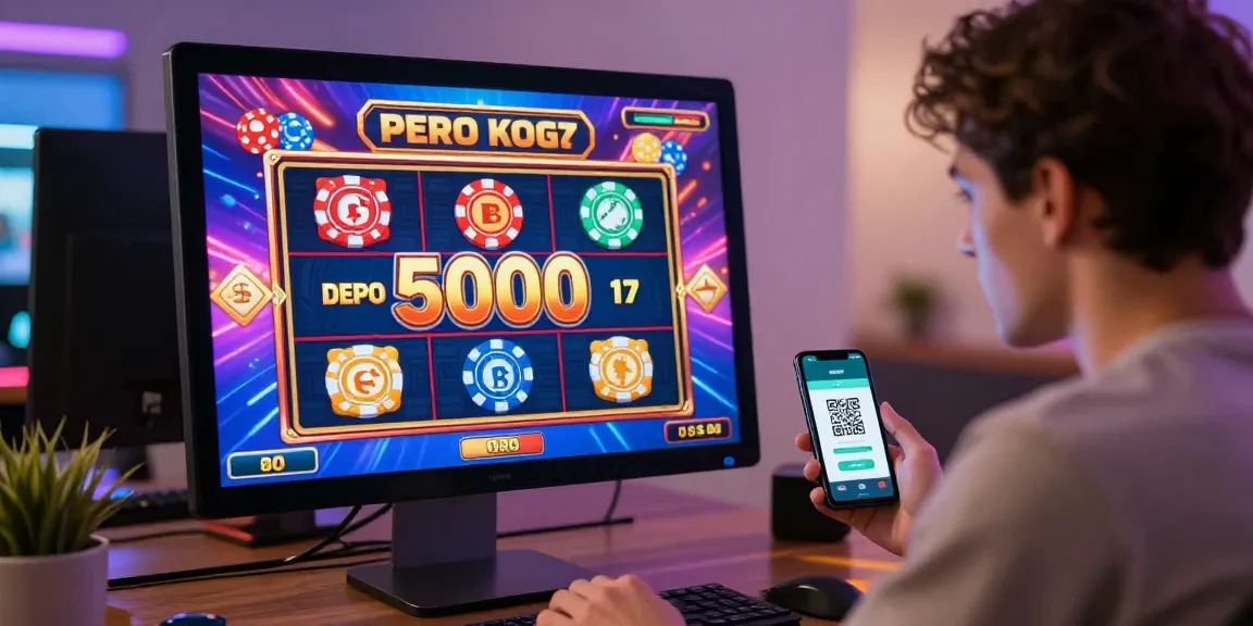 Engaging scene of a player enjoying slot depo 5000 in a vibrant online casino environment with colorful graphics and QRIS payment.