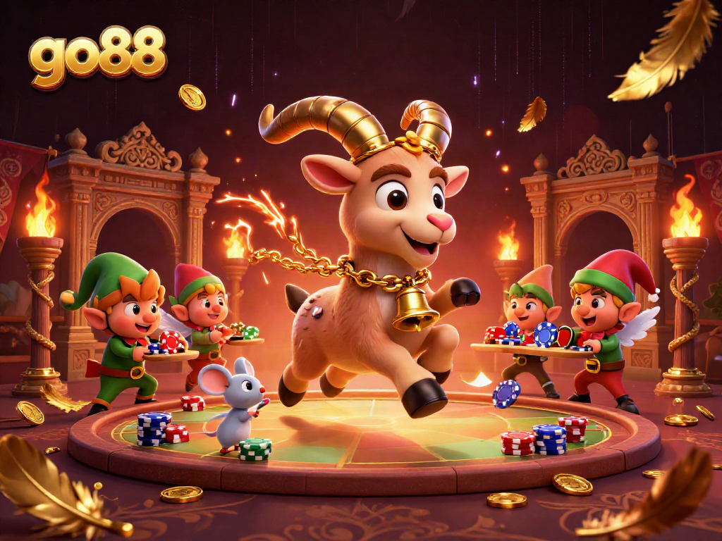 A dynamic scene showcasing go88’s festive casino atmosphere with Krampus, an angel mouse, and elf gremlins amidst vibrant gaming elements.