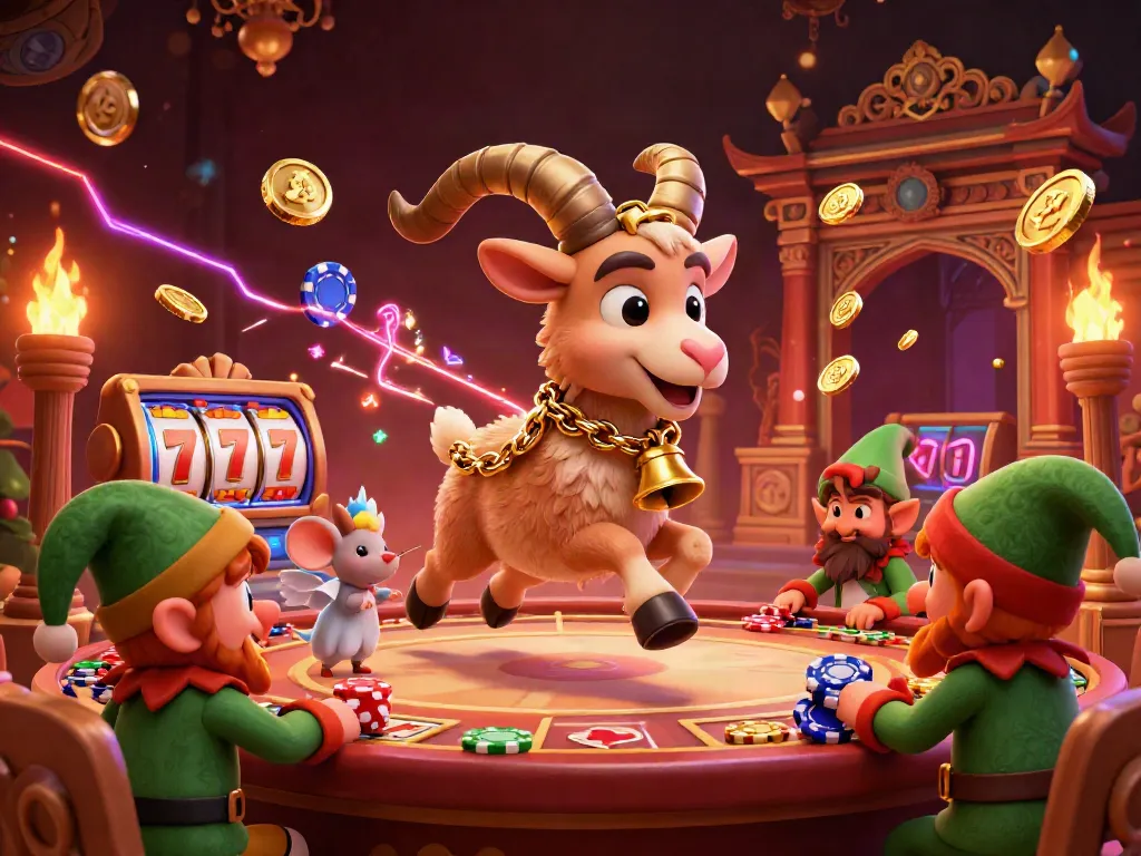Engage in a thrilling slot game atmosphere with Krampus and holiday elements in a vibrant casino.