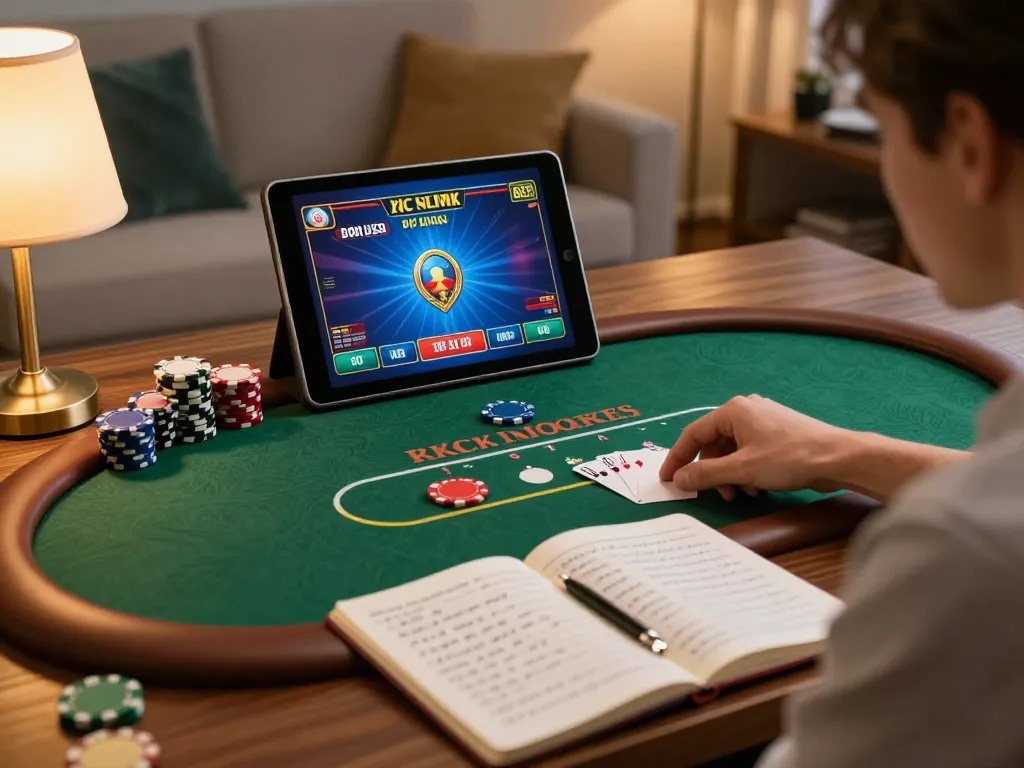 KJC player engaging in responsible online poker game strategy at home, featuring tablet and betting notes.