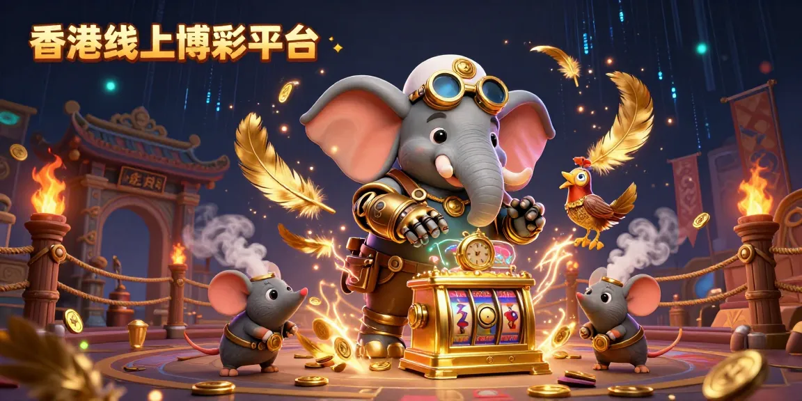 在香港线下博彩平台上,蒸汽朋克大象工程师与机械助手共同驱动金色老虎机,四周飞舞着金色羽毛和火焰粒子。