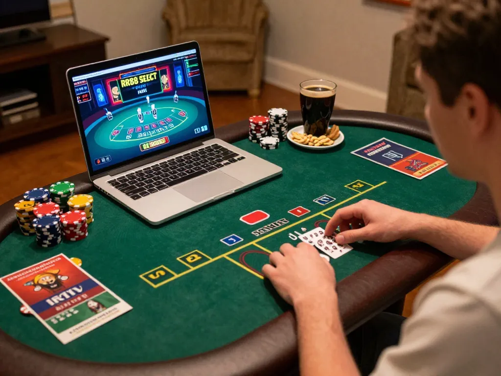 Engaged player using RR88 SELECT for online poker at home, showcasing a comfortable gaming atmosphere