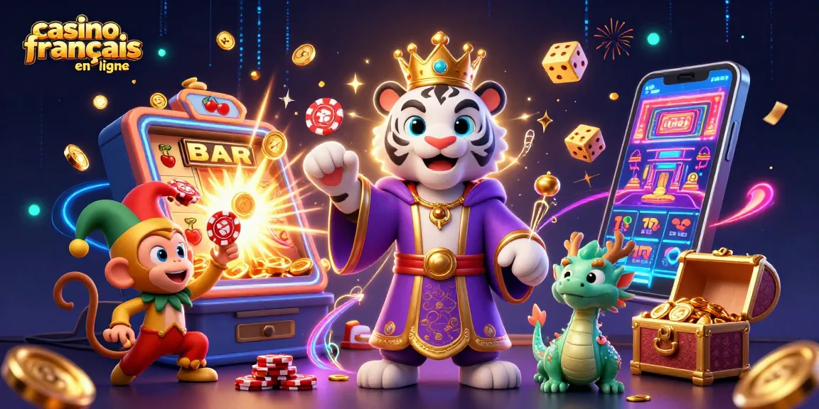 Jouer au casino français en ligne avec une illustration dynamique et colorée, mettant en scène un tigre, un singe et un dragon.