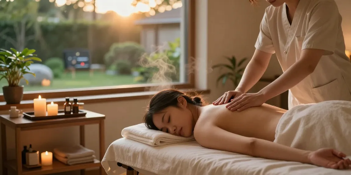 Serene head massage scene depicting relaxation and rejuvenation during 서울출장안마 therapy. Comforting elements include candles and essential oils.