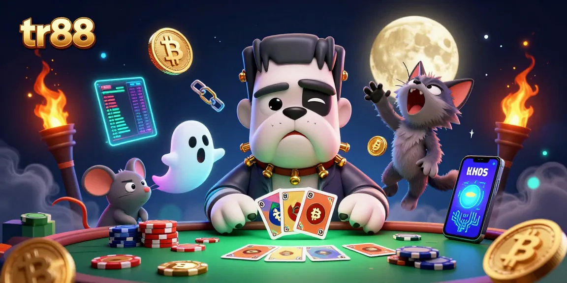 tr88 interactive casino scene with a Frankenstein bulldog dealer and glowing crypto coins.