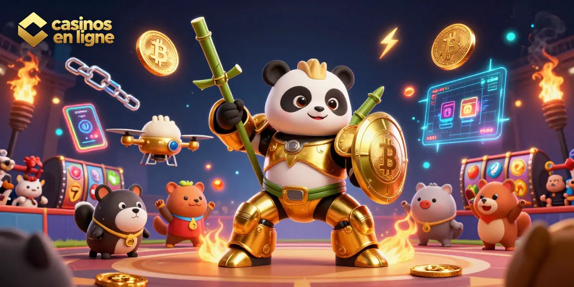 Les casinos en ligne présentent un panda doré en mécha combattant avec des éléments d'interface crypto scintillants.