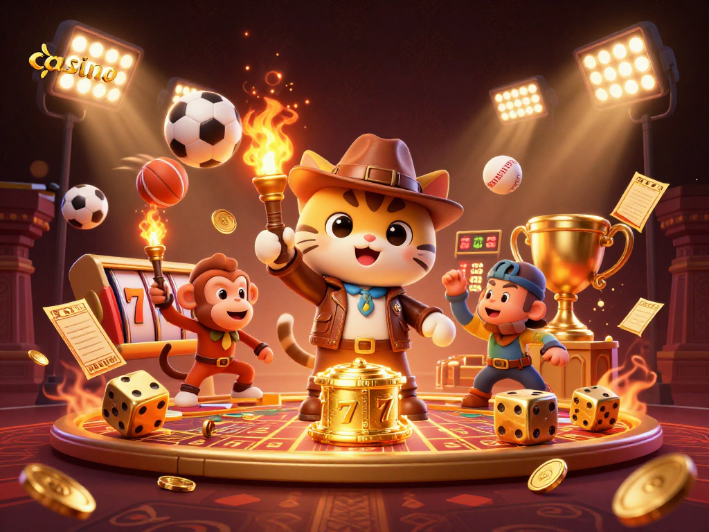 Cats and monkeys engaging with a golden casino artifact in a vibrant scene filled with jackpot symbols and dynamic sports elements.