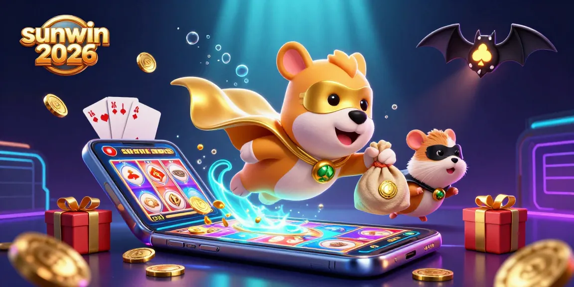 Experience sunwin 2026 with a vibrant 3D illustration featuring a superhero dog and exciting gaming elements.