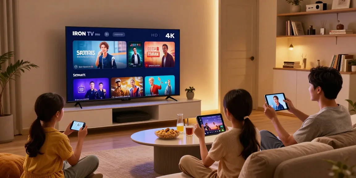 Family enjoying IRON TV PRO streaming service on a Smart TV in a cozy living room