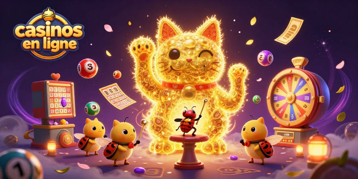 Illustrez les casinos en ligne avec une image dynamique de personnages de casino et d'éléments de jeu.