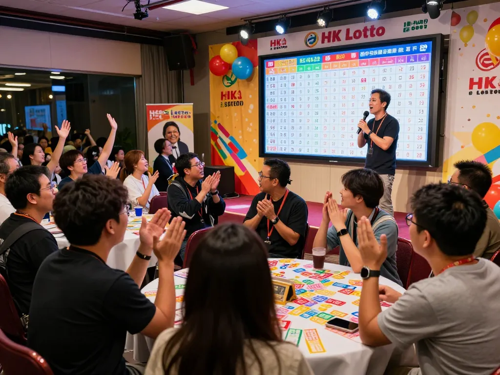 Excited participants at HK Lotto live draw event with colorful tickets and digital display.
