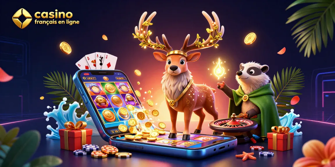 Visualisez le monde captivant du casino français en ligne avec ce druid stag et un blaireau, entourés d'éléments de jeu débordants.