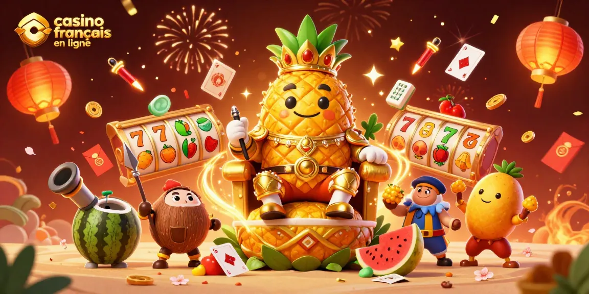 Plongez dans l'univers du casino français en ligne avec ce roi ananas et ses gardes au casino de plage.
