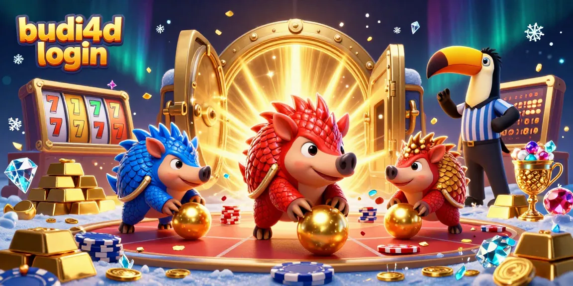 Budi4d login scene featuring dynamic pangolins playing casino slots among stacks of poker chips.