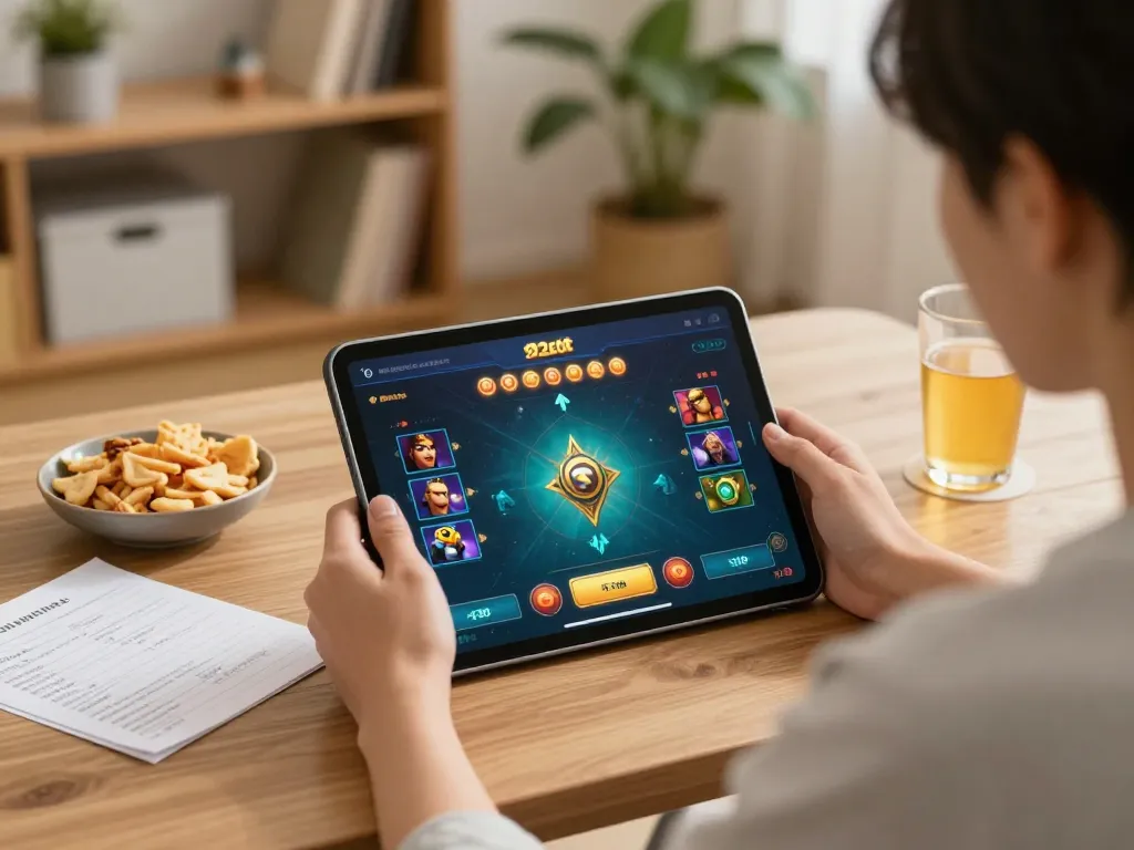 Engaged player enjoying 92slot on a tablet in a cozy home setting with strategic notes