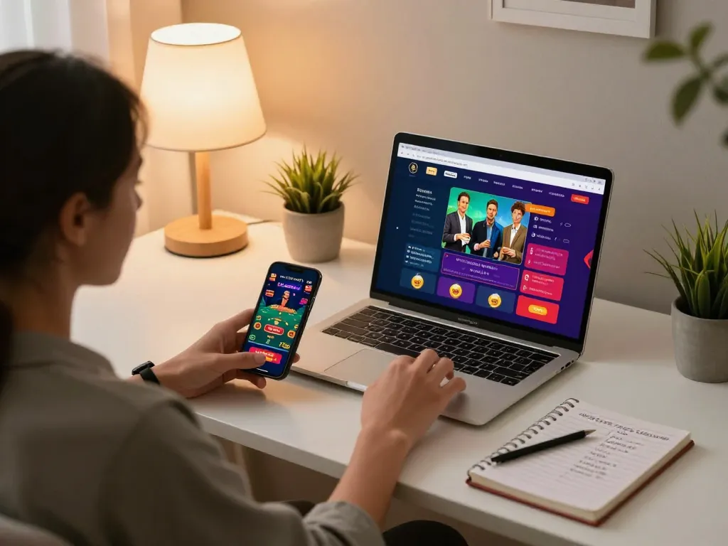 Player enjoying online games at home with W188 app on screen, showcasing a cozy and strategic gaming environment.