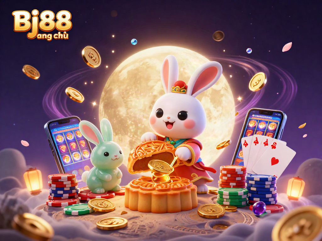 Experience the thrill of gambling with Bj88 trang chủ, featuring a moon rabbit and poker chips in a vibrant casino scene.