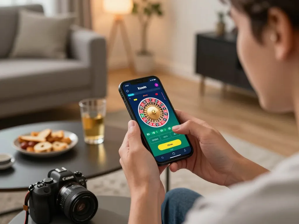 Kuwin user enjoying online roulette on smartphone, showcasing engaging digital casino experience at home.