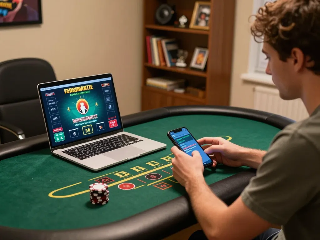 Engaged in rokok88 online gaming strategy session with laptop and smartphone in cozy setup.