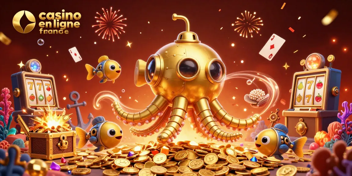 Plongez dans l'univers du casino en ligne France avec une illustration captivante d'un kraken doré et de poissons mécaniques.