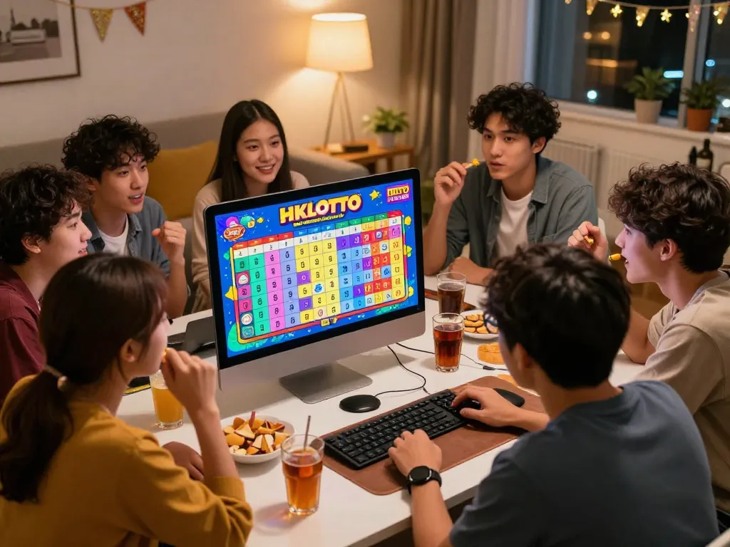Friends eagerly watching HK Lotto results during a game night together.
