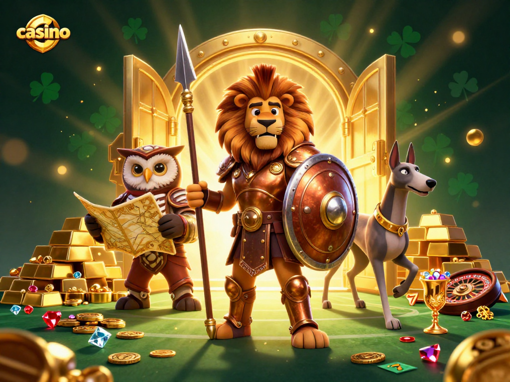 Experience the casino with a heroic lion, strategic owl, and swift greyhound amidst a treasure-filled scene.