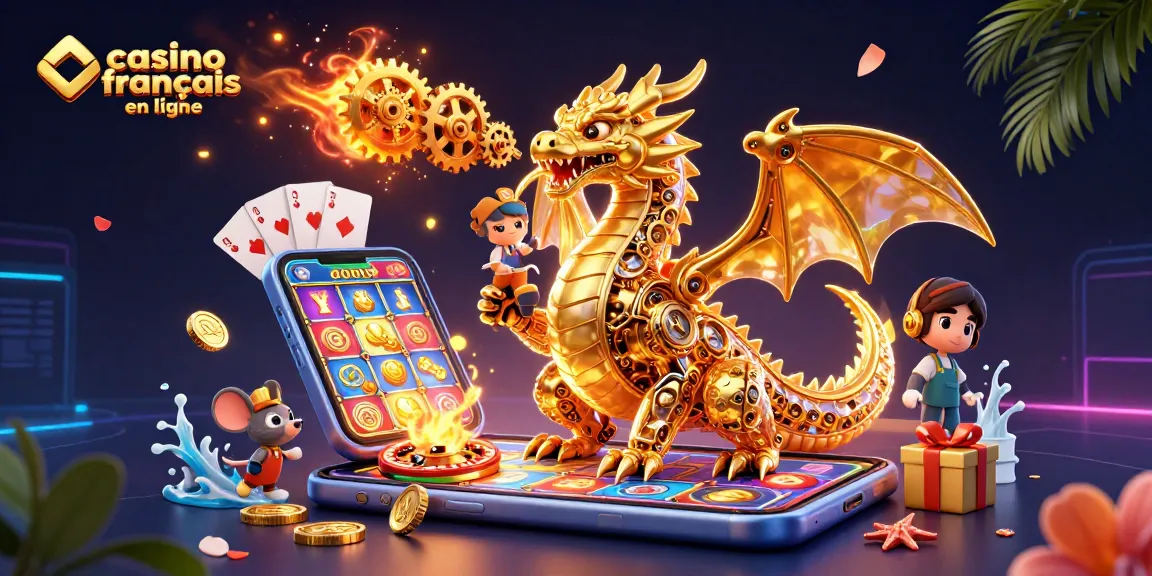 Jouez dans un casino français en ligne avec un dragon doré mécanisé et ses accessoires ludiques.