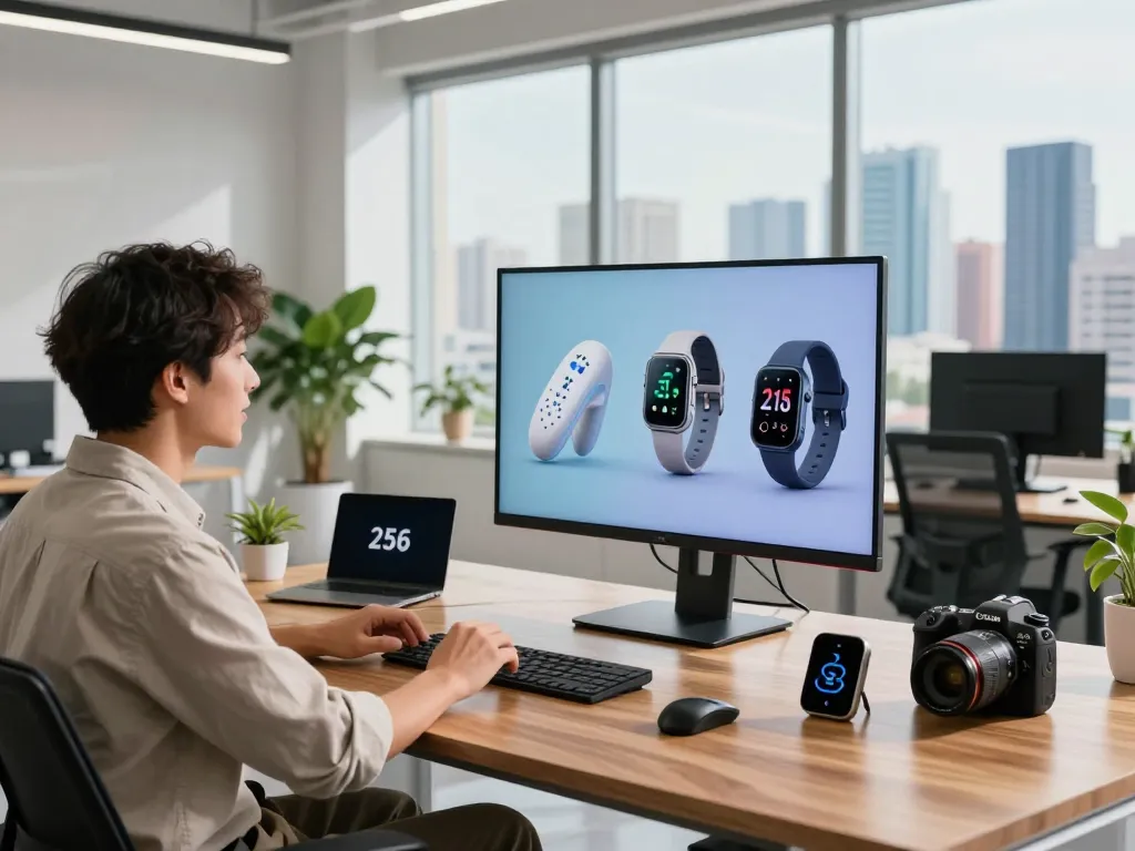Explore the latest tech gadgets 2056 in a dynamic workspace with modern technology and innovative designs.