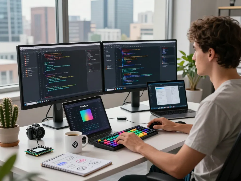OpenClawd personal AI assistant in a modern workspace with code, tech gadgets, and a vibrant atmosphere.
