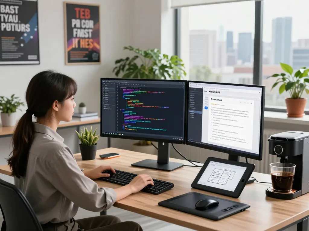 Developer showcasing moltbot ai in a modern workspace with multiple monitors and coding environment.