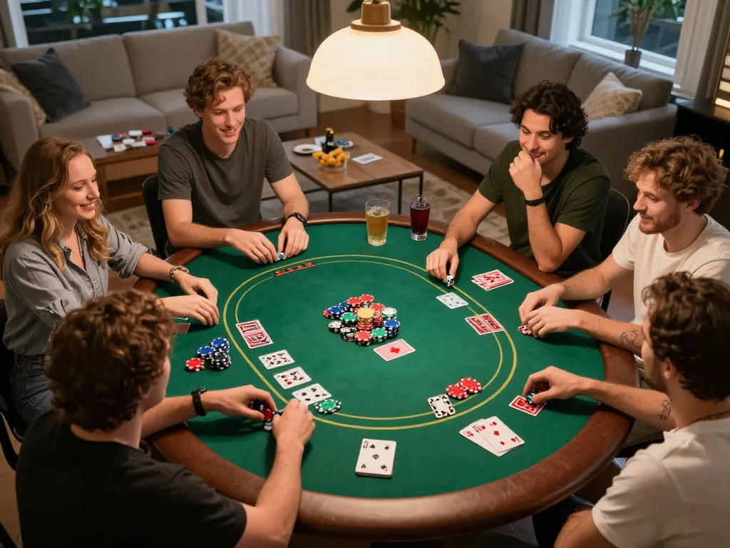 Engaged friends playing poker together at home, highlighting the nk88 strategy for social gambling experiences.