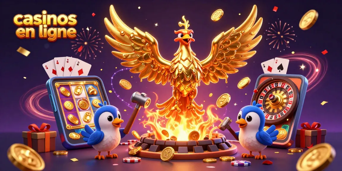 Cette illustration dynamique représente des casinos en ligne avec un phoenix doré et des éléments de jeu.
