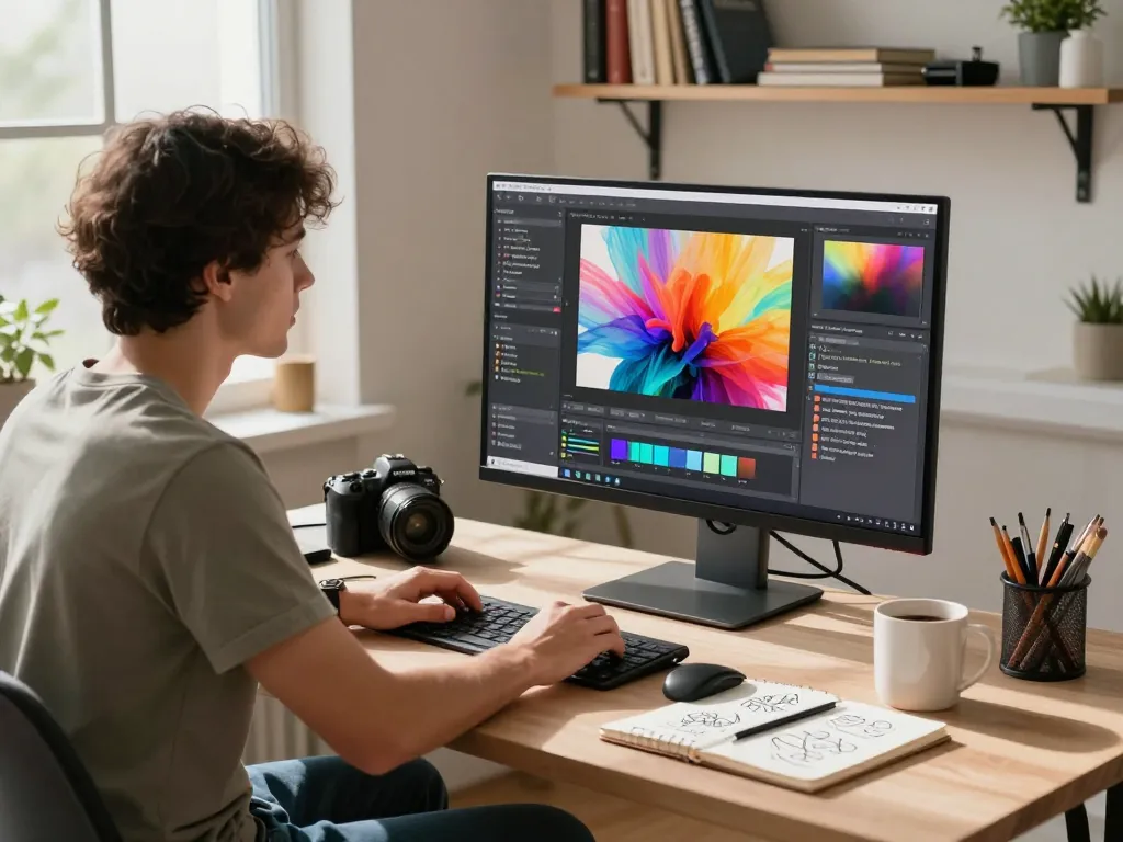 Innovative image to prompt generator tool in use at a creative workspace with vibrant visuals.