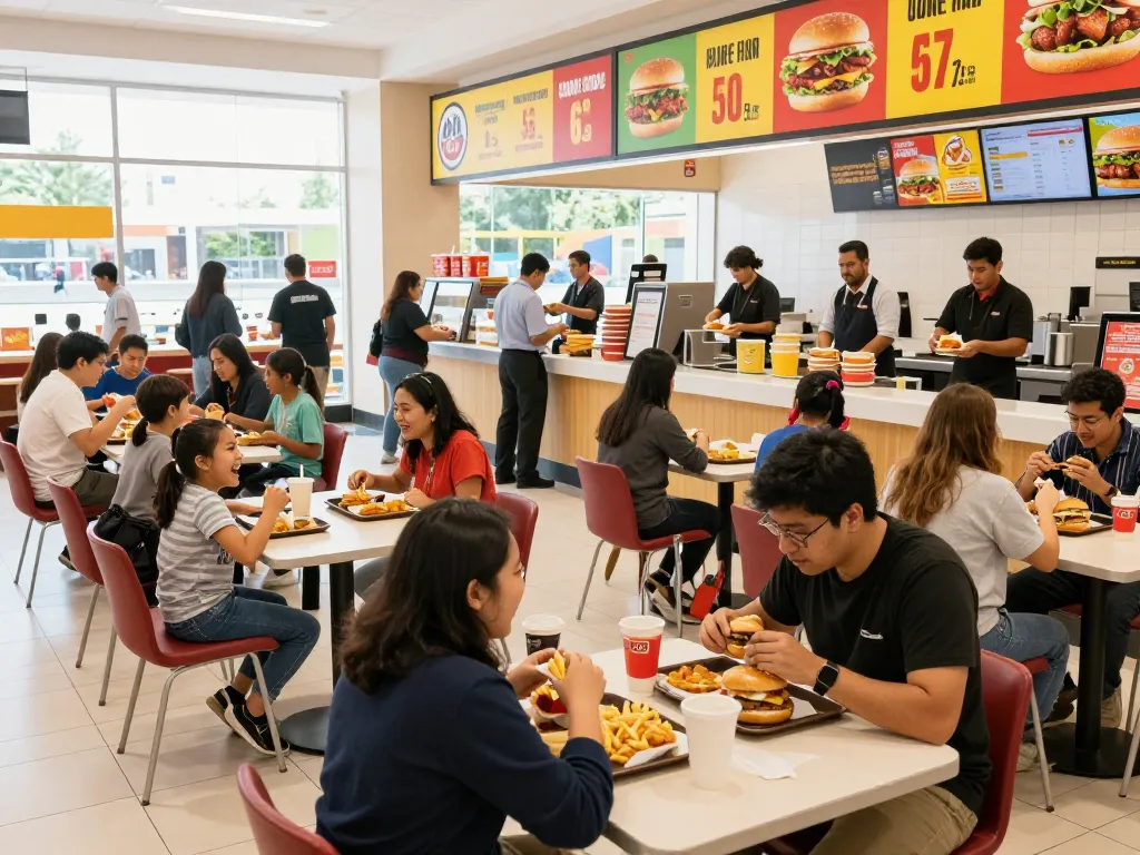 Fast food prices displayed in a vibrant food court filled with diverse customers enjoying meals.