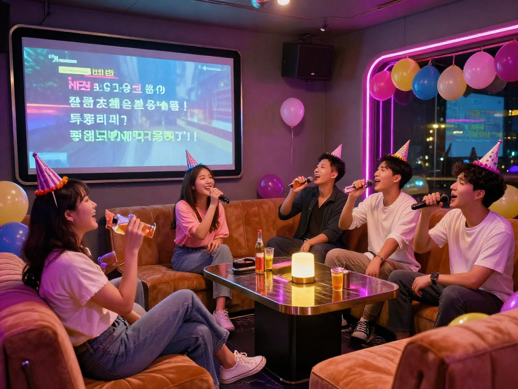 달토 가라오케에서 친구들과 즐거운 노래와 음료를 나누는 모습