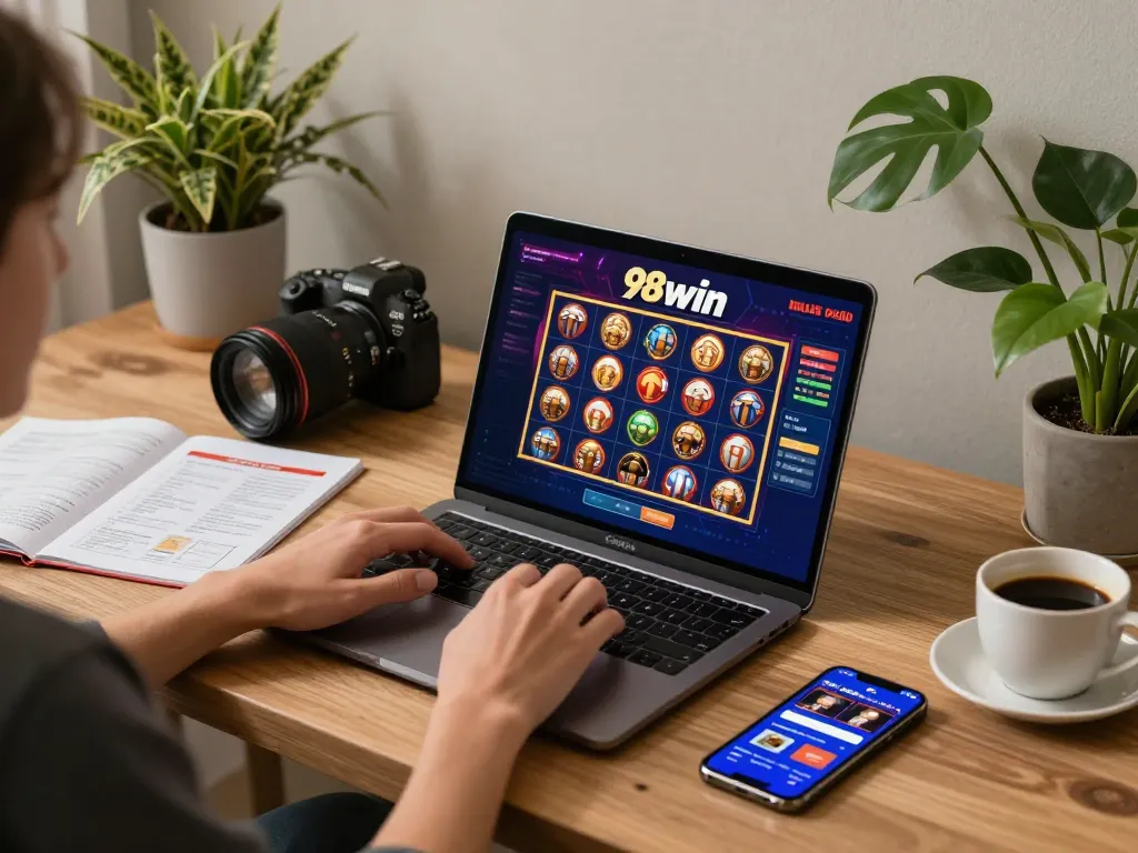 Engaging in online gambling at 98win through a modern home gaming setup with a laptop and smartphone.