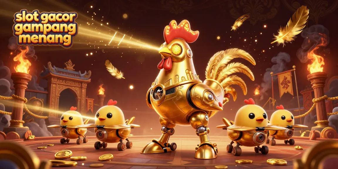 Menangkan permainan slot gacor gampang menang dengan ilustrasi robot ayam emas futuristik yang dinamis.