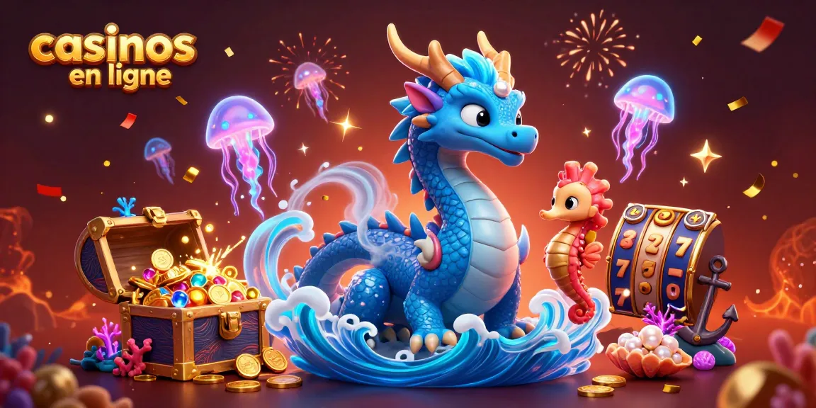 Une illustration éblouissante de casinos en ligne avec un dragon d'eau, un chevalier hippocampe et des éléments de jeu scintillants.