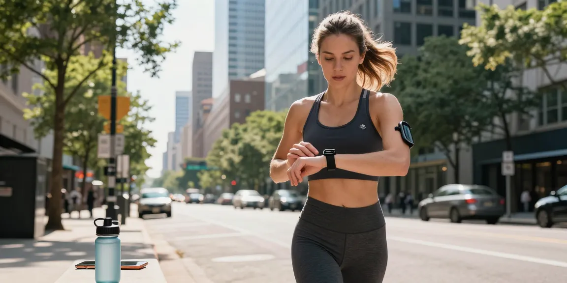 Fitbit Luxe digunakan oleh wanita jogger di kota, menunjukkan https://www.polarfitbitshop.com/fitbit-luxe/ di tangan.