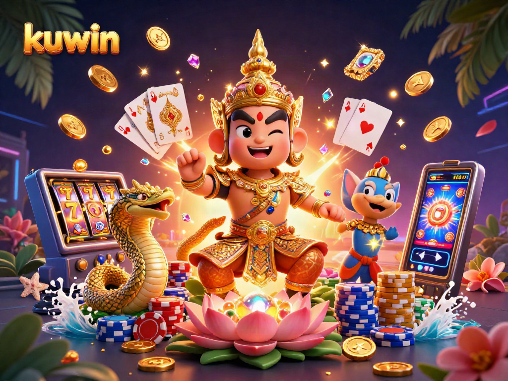 Kuwin online casino highlights jackpot games with vibrant characters and dynamic coins.