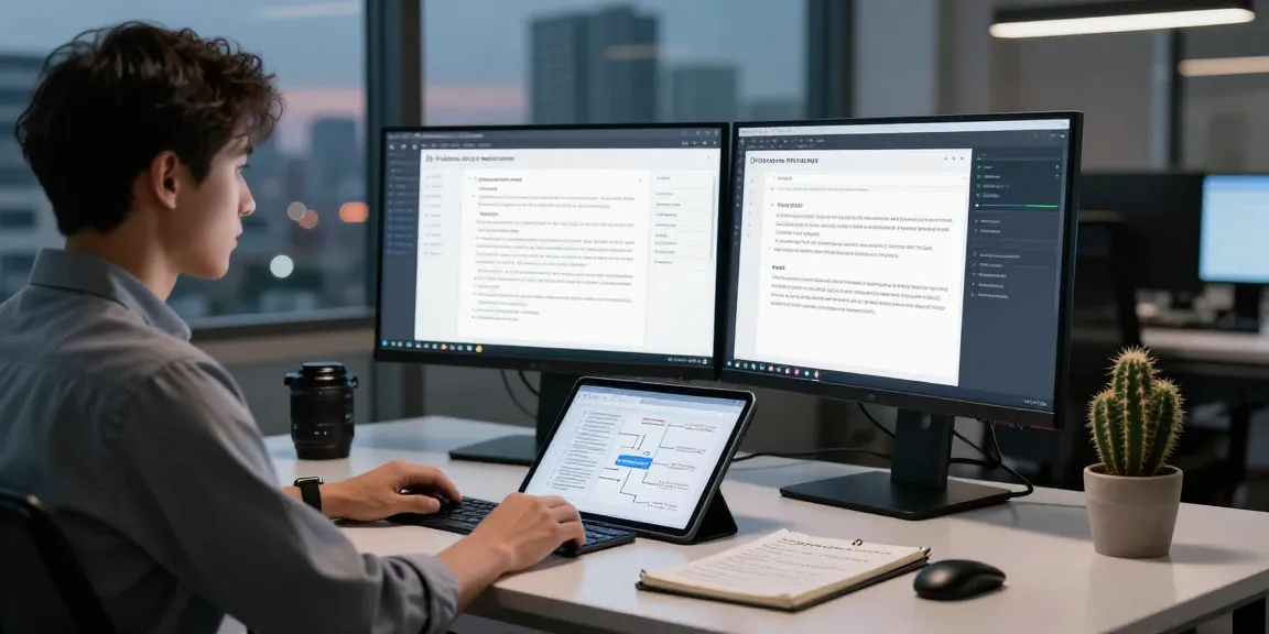 Data analyst using advanced technology to detect fraud in PDF documents in a professional workspace setting.