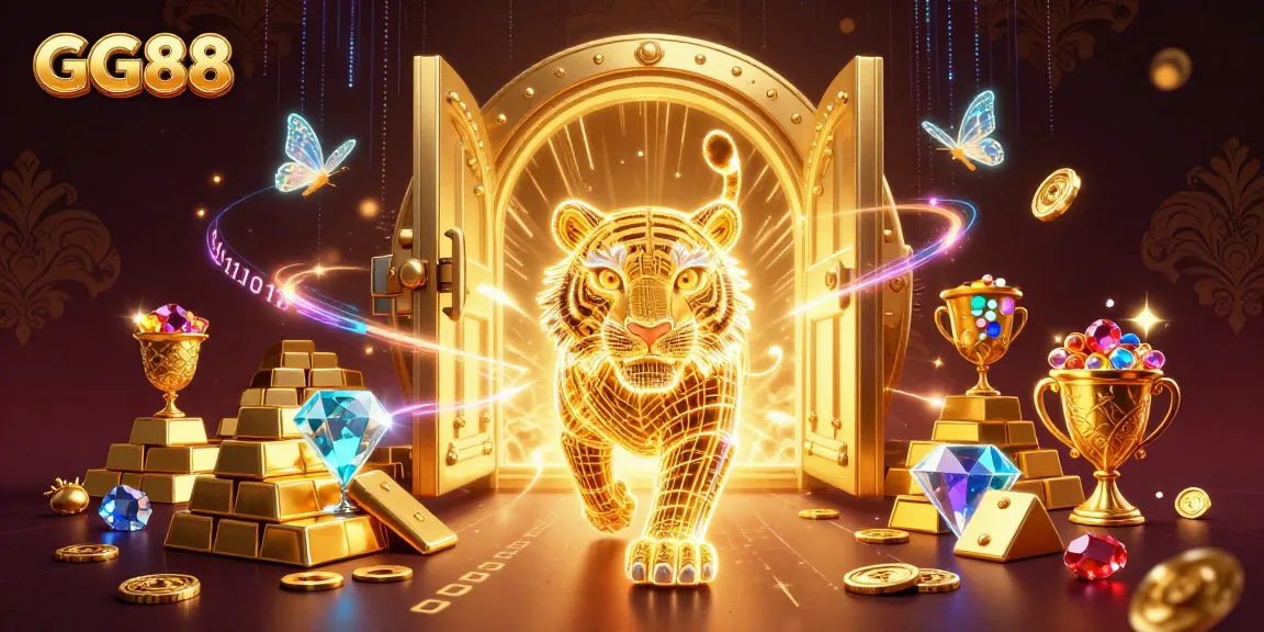 Experience excitement with GG88's vibrant casino scene featuring a neon golden tiger and treasures.