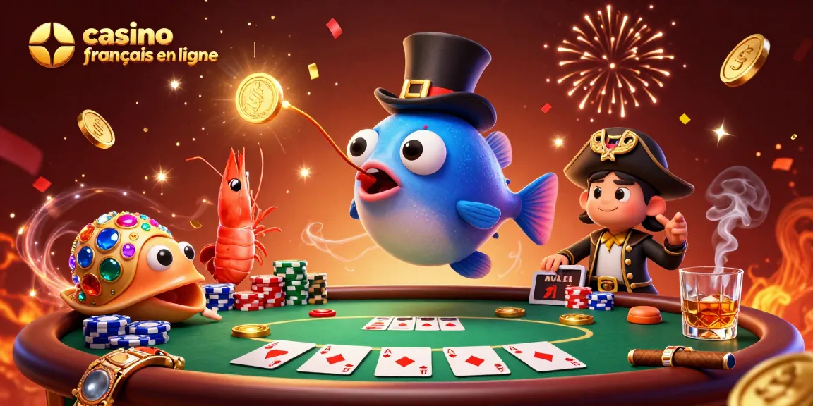 Le casino français en ligne attire les joueurs avec une scène animée de gagnants sous-marins, d’un poisson-lanterne et d'un camarade en pirate.
